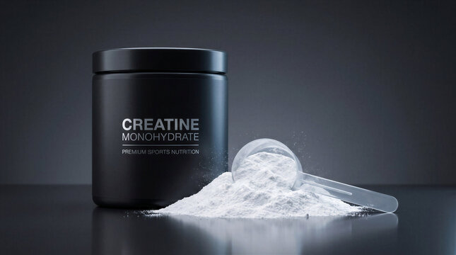 Black container of creatine monohydrate with scoop and powder