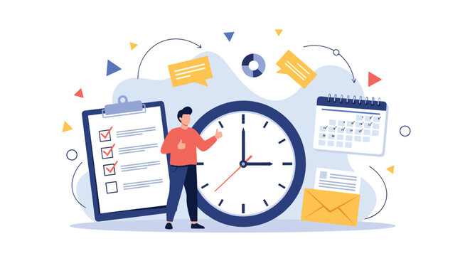 Businessman managing time efficiently with giant clock and project management tools like checklist and calendar planner.