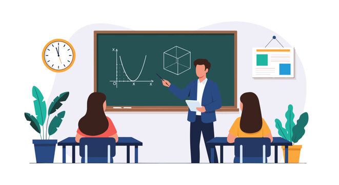 Male teacher explaining mathematical geometry and graphs on chalkboard to students in academic school classroom.