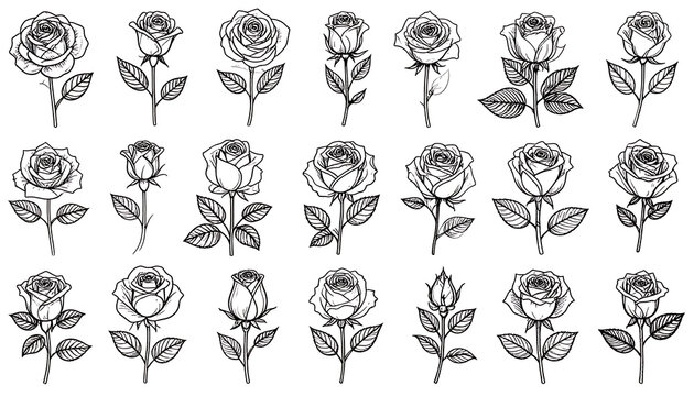 Collection of delicate rose outlines, botanical illustrations with leaves and stems, vintage sketch style, seamless pattern elements