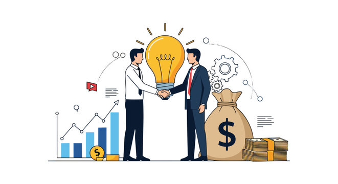 Two businessmen shaking hands in front of giant lightbulb and money bag symbolizing successful startup investment.