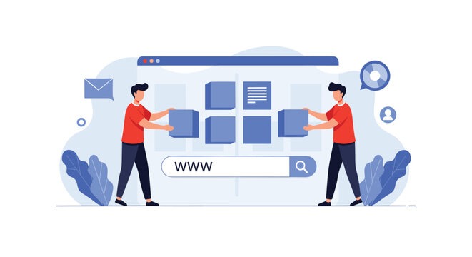Two men work together to organize and build a website interface by placing blue blocks on a digital browser window.