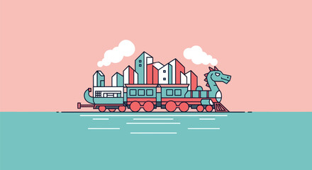 Stylized train illustration with city elements © Stock