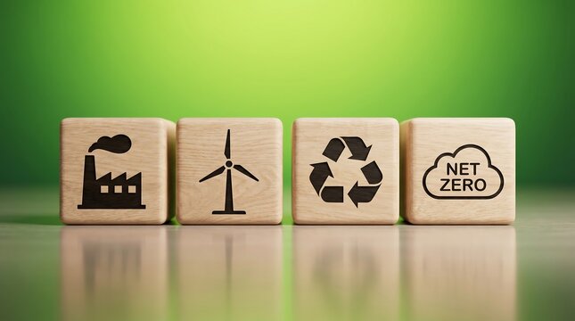 Four wooden blocks aligned horizontally display black icons representing industrial factory emissions wind energy generation recycling symbols and the concept of global net zero carbon goals