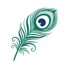 Obraz premium Colorful peacock feather vector illustration with eye-inspired design isolated on white background