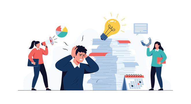 Stressed businessman overwhelmed by paperwork and workload while colleagues demand attention in a busy office environment illustration.