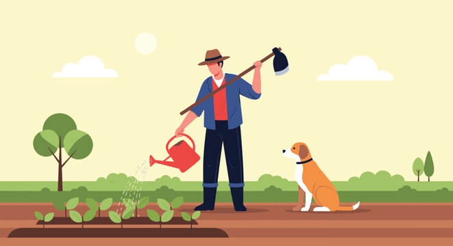 Farmer wearing a hat and boots watering vegetable seedlings in a field with his faithful dog sitting beside him in a rural landscape.
