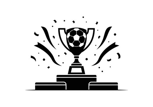 Soccer championship victory concept with trophy cup on winners podium surrounded by falling confetti in high contrast graphic style confetti football championship