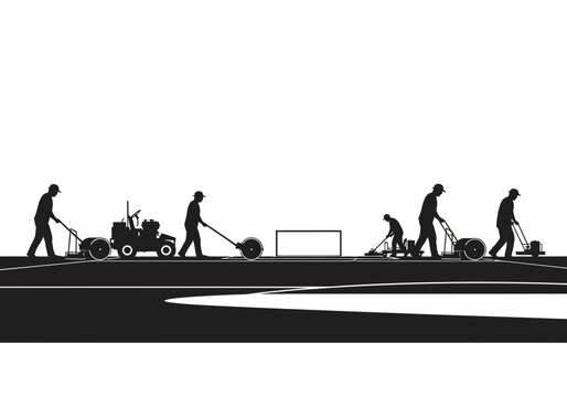 Professional sports field workers maintaining grass turf with specialized machinery and rollers in detailed silhouette illustration maintenance machinery landscape