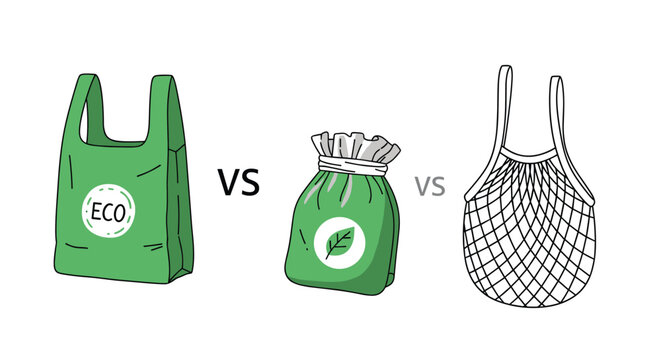 Comparison between a green eco bag a reusable pouch and a mesh string bag emphasizing sustainable shopping choices.