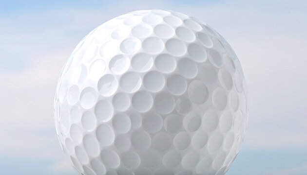 Close up of a white golf ball with dimples, against a soft blue sky with wispy clouds, representing outdoor sports