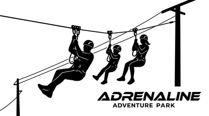 Silhouette of three people ziplining at an adrenaline adventure park. © santi erna