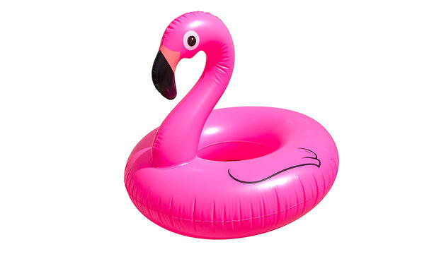 Bright pink inflatable flamingo pool float, isolated on white, suggesting summer fun and swimming.