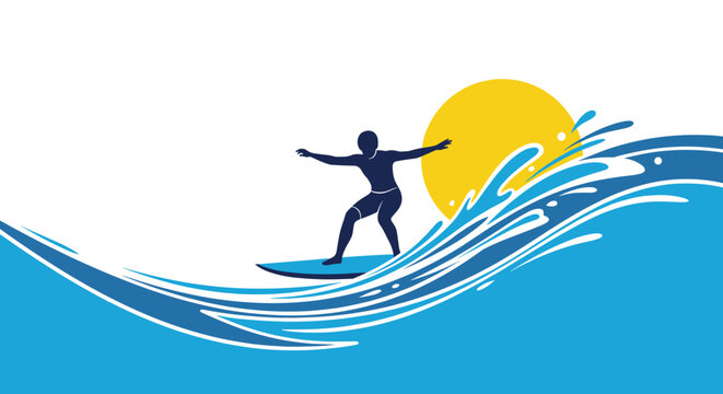 Silhouette of a surfer skillfully rides a large blue wave against the backdrop of a bright yellow sun setting over the ocean.