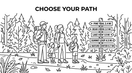 Family of hikers standing near a wooden trail signpost in the forest line art illustration. © santi erna
