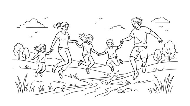 Line art illustration of a happy family holding hands and jumping together over a stream.