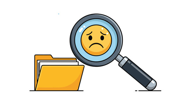 Online search results showing no data found with magnifying glass icon over an empty file folder and an unhappy face expression.