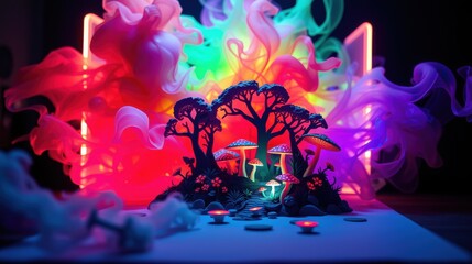 Fototapeta premium Vibrant forest scene. Illuminated mushrooms, trees, path. Colorful smoke surrounds miniature landscape. Dramatic lighting creates fantasy mood.