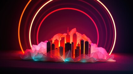 Fototapeta premium Futuristic cityscape rises from polygonal base. Glowing rings surround buildings, creating vibrant, dramatic scene. Dark background emphasizes neon colors.