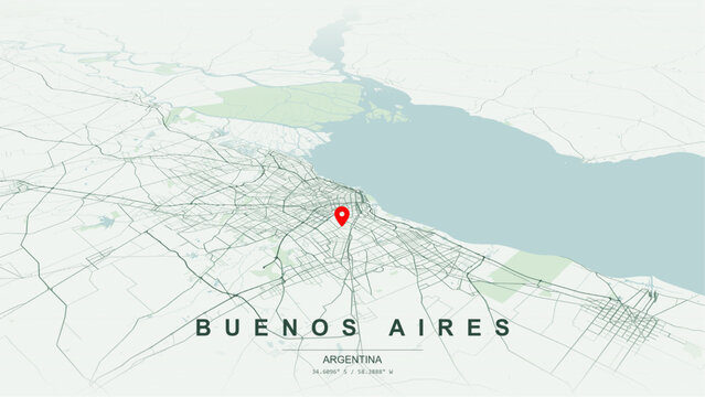 Modern minimalist vector map of Buenos Aires, Argentina. High-quality scalable illustration of Buenos Aires city grid, historic Plaza de Mayo layout, Puerto Madero waterfront for posters and design.