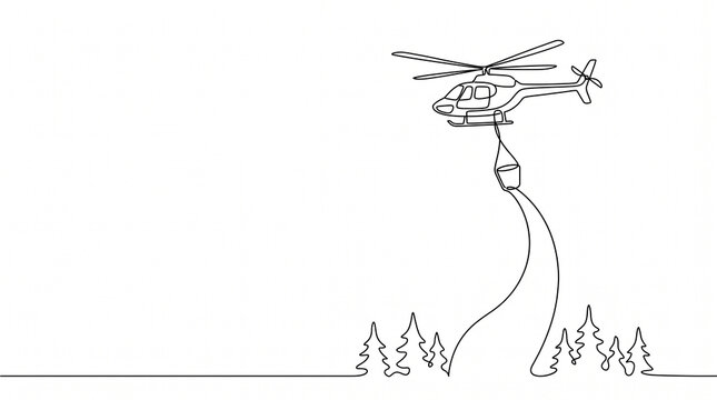 Helicopter dropping water to extinguish fire over forest area  