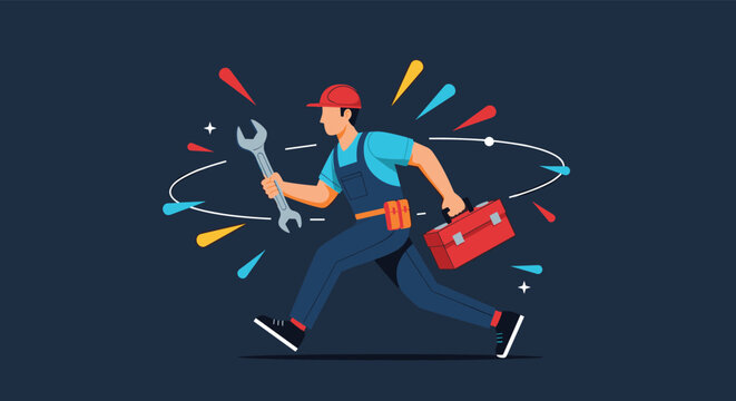 Energetic repairman in a blue uniform and red cap running with a large wrench and a red toolbox against a dark blue background with sparkles.