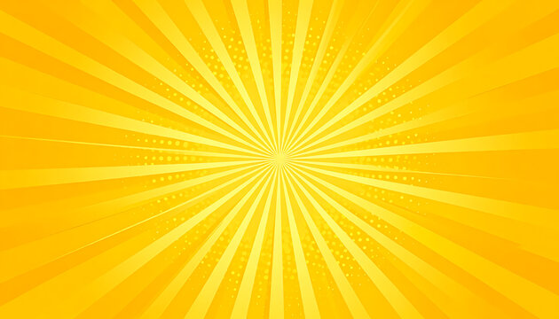Bright yellow sunburst background with radiating lines and halftone dots, energy and optimism