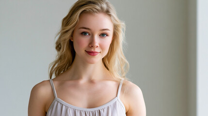 Fototapeta premium ethereal angelic blonde woman posing in pale leotard, dreamy celestial young female model with radiant smile, graceful fantasy inspired blonde female in elegant pose