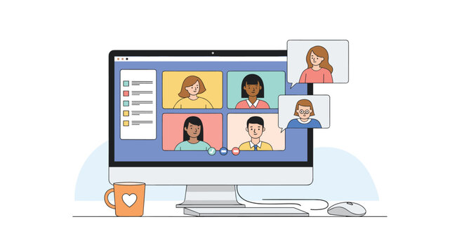 Desktop computer screen displaying a multi-person video conference call with various participants in colorful windows in a home office.