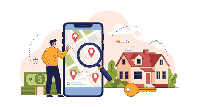 Real estate concept showing a man using a giant smartphone map with pins to find house listings next to a house, money, and key.