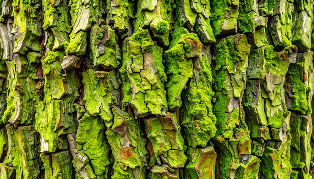 Close-up of rough tree bark texture with vibrant green moss, organic natural pattern, detailed surface