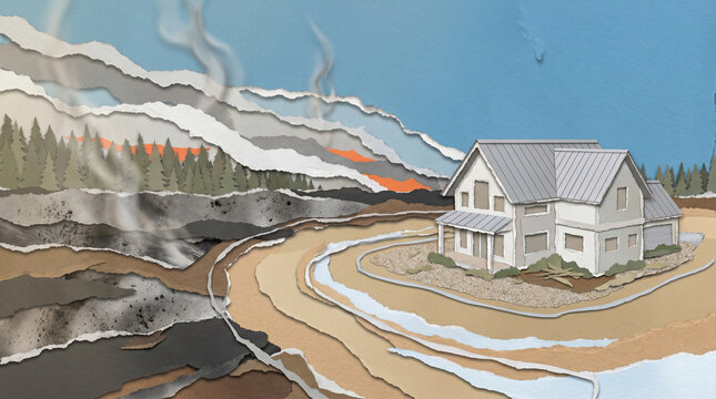 House surrounded by wildfire smoke and burned landscape  