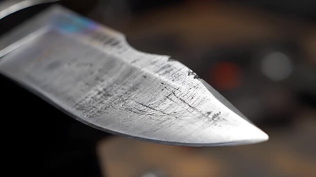 Close up of a wellused and scratched knife blade.
