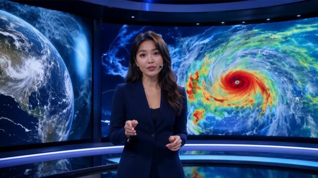 Weather presenter reporting major hurricane