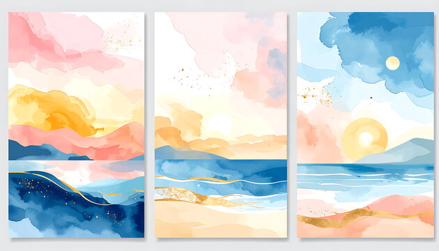 abstract watercolor triptych set with pastel sunsets over ocean and mountains, soft pink, blue, and gold colors, serene landscape, digital painting, suitable for decor