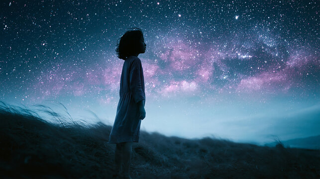 Young Girl Standing in Open Field at Night Gazing at Starry Sky, Dreamy Nighttime Scene With Soft Moonlight, Peaceful Outdoors Atmosphere, and Wonder-Filled Stargazing Moment Captured in 