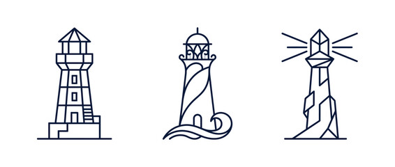 Fototapeta premium Minimalist lighthouse designs in a line art style on a clean white background