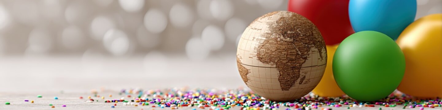 world population day campaign, a vibrant world population day web banner featuring eco-friendly balloons and a stylized wooden globe, set against a bright off-white wall with confetti bokeh ample