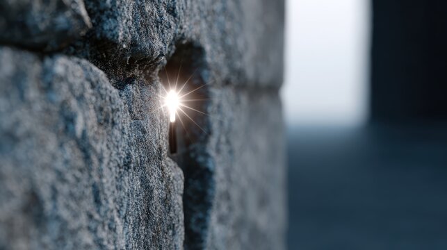 mystery keyhole, a close-up of a huge stone door, ancient and imposing, with a tiny glowing keyhole emitting a bright white light the background is a dark, blurry corridor, signifying a barrier to