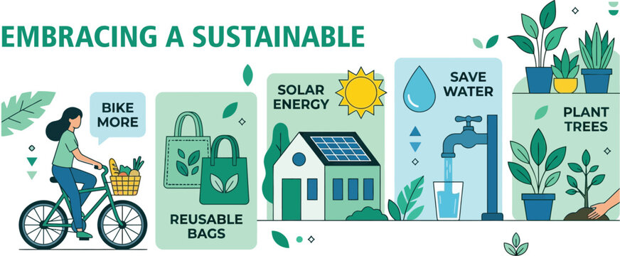 Embracing a sustainable lifestyle infographic banner with icons for bike more, reusable bags, solar energy house, save water tap, and plant trees in flat vector style.