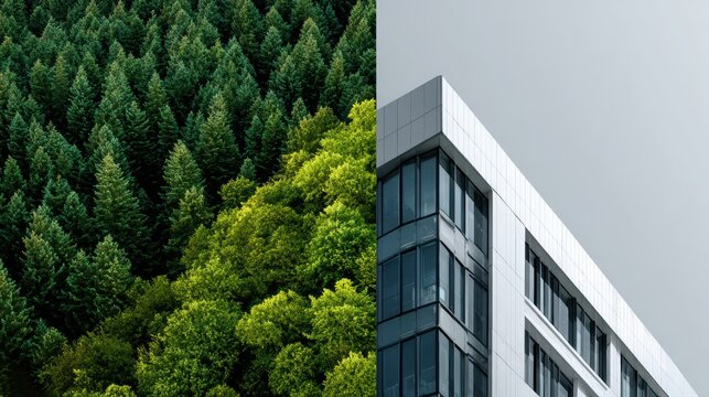 human-nature harmony, a split-screen visual one side shows a pristine forest, the other a sustainable urban center, symbolizing the harmony of humanity and nature
