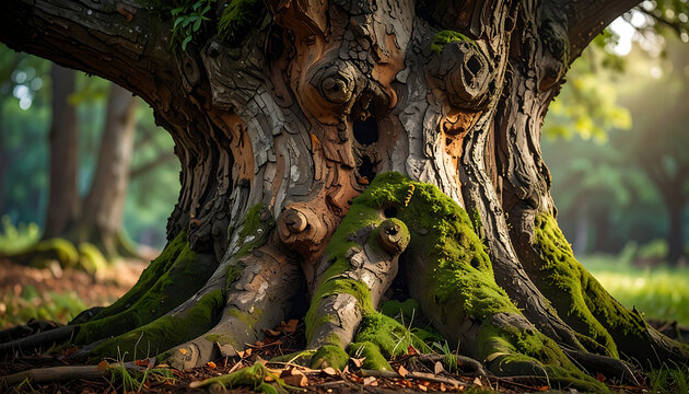 Ancient gnarled oak tree trunk with mossy roots in a sunlit forest, sense of wisdom and nature