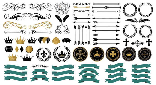 Ornate design elements and icons including crowns, banners, and symbols