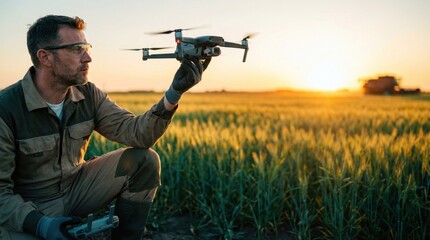 Fototapeta premium Man controls a drone in a field at sunset while wearing safety glasses and gloves. The sun sets behind the crops