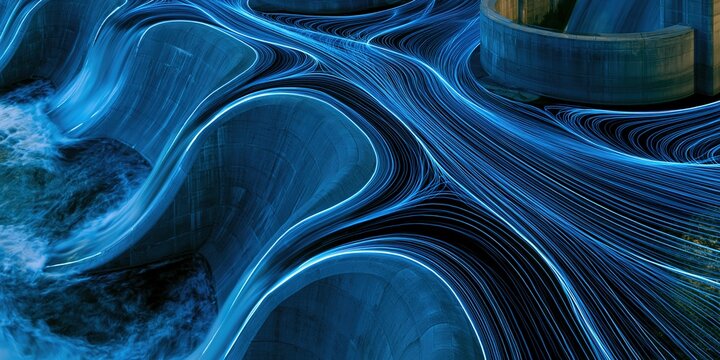 Blue Stream of Light Flowing Through Concrete Tunnel