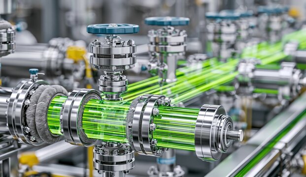 Green Liquid Flowing Through Industrial Machinery