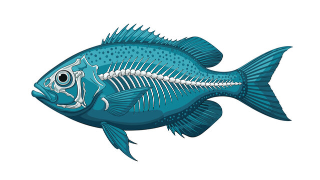 Artistic representation of a blue fish with its internal skeletal structure clearly visible through its skin in a unique X-ray style.