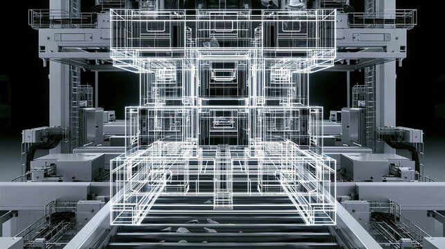 Industrial Factory Interior: Metal Frameworks, Machinery, and Control Panels