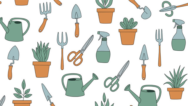 Practical gardening pattern featuring various tools like watering cans, trowels, spray bottles, and shears mixed with potted plants.