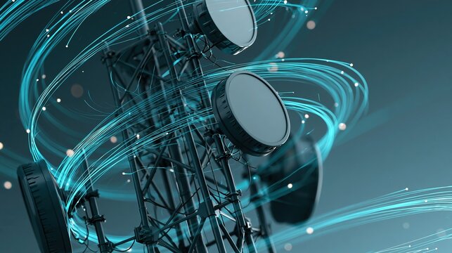 Wireless Network Tower with Antennas and Futuristic Blue Light Trails